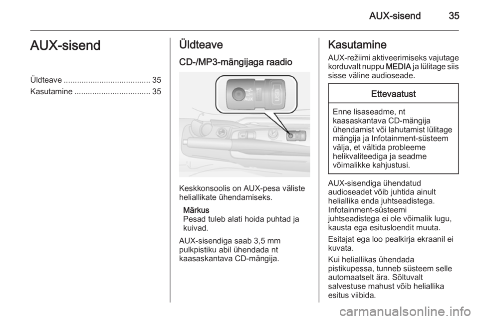 OPEL COMBO 2015  Infotainment-süsteemi juhend (in Estonian) AUX-sisend35AUX-sisendÜldteave ....................................... 35
Kasutamine .................................. 35Üldteave
CD-/MP3-mängijaga raadio
Keskkonsoolis on AUX-pesa väliste
helial