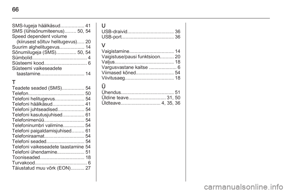 OPEL COMBO 2015  Infotainment-süsteemi juhend (in Estonian) 66
SMS-lugeja häälkäsud.................41
SMS (lühisõnumiteenus) ........50, 54
Speed dependent volume (kiirusest sõltuv helitugevus) .....20
Suurim alghelitugevus ..................14
Sõnumil