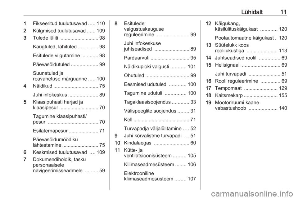 OPEL COMBO 2017  Omaniku käsiraamat (in Estonian) Lühidalt111Fikseeritud tuulutusavad .....110
2 Külgmised tuulutusavad ......109
3 Tulede lüliti  ........................... 98
Kaugtuled, lähituled ..............98
Esitulede vilgutamine ........