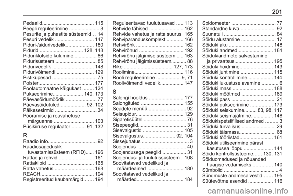 OPEL COMBO D 2018  Omaniku käsiraamat (in Estonian) 201Pedaalid...................................... 115
Peegli reguleerimine  ......................8
Pesurite ja puhastite süsteemid  ..14
Pesuri vedelik  ............................ 147
Piduri-/sidu