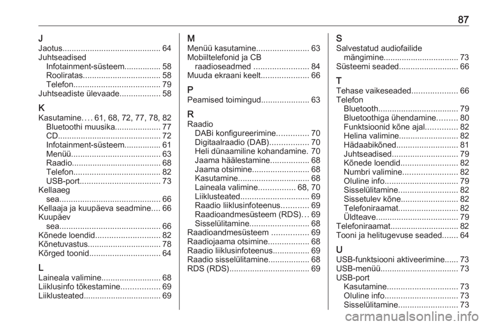 OPEL COMBO E 2019 Infotainment-süsteemi juhend (in Estonian) 87JJaotus ........................................... 64
Juhtseadised Infotainment-süsteem................ 58
Rooliratas .................................. 58
Telefon ................................ OPEL COMBO E 2019 Infotainment-süsteemi juhend (in Estonian) 87JJaotus ........................................... 64
Juhtseadised Infotainment-süsteem................ 58
Rooliratas .................................. 58
Telefon ................................