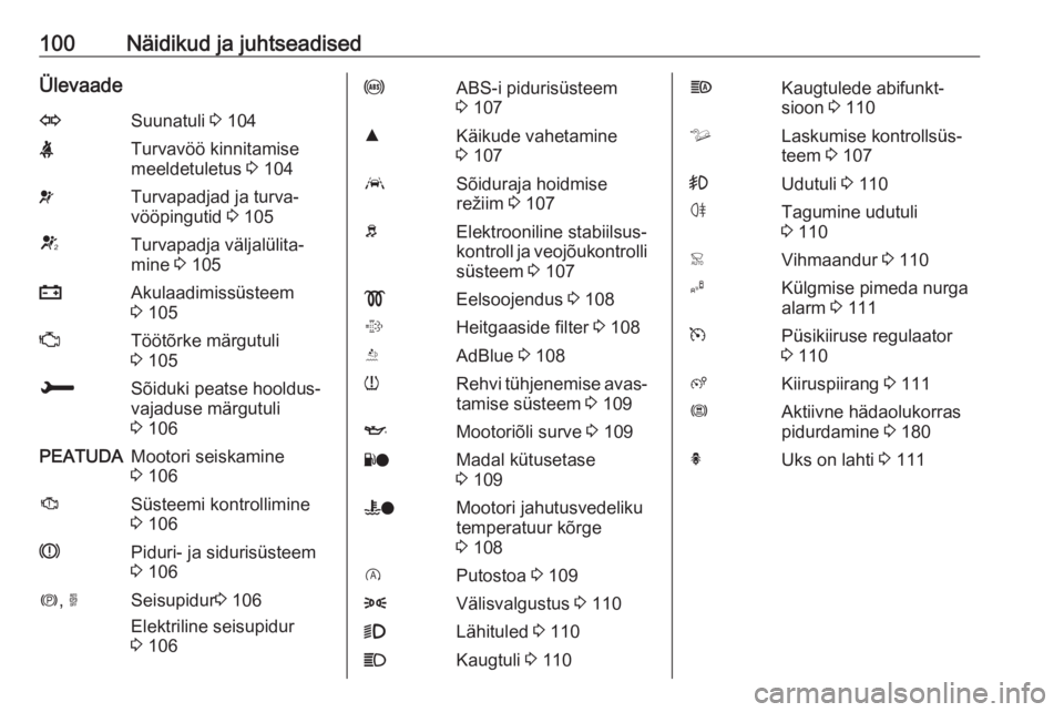 OPEL COMBO E 2019  Omaniku käsiraamat (in Estonian) 100Näidikud ja juhtseadisedÜlevaadeOSuunatuli 3 104XTurvavöö kinnitamise
meeldetuletus  3 104vTurvapadjad ja turva‐
vööpingutid  3 105VTurvapadja väljalülita‐
mine  3 105pAkulaadimissüste