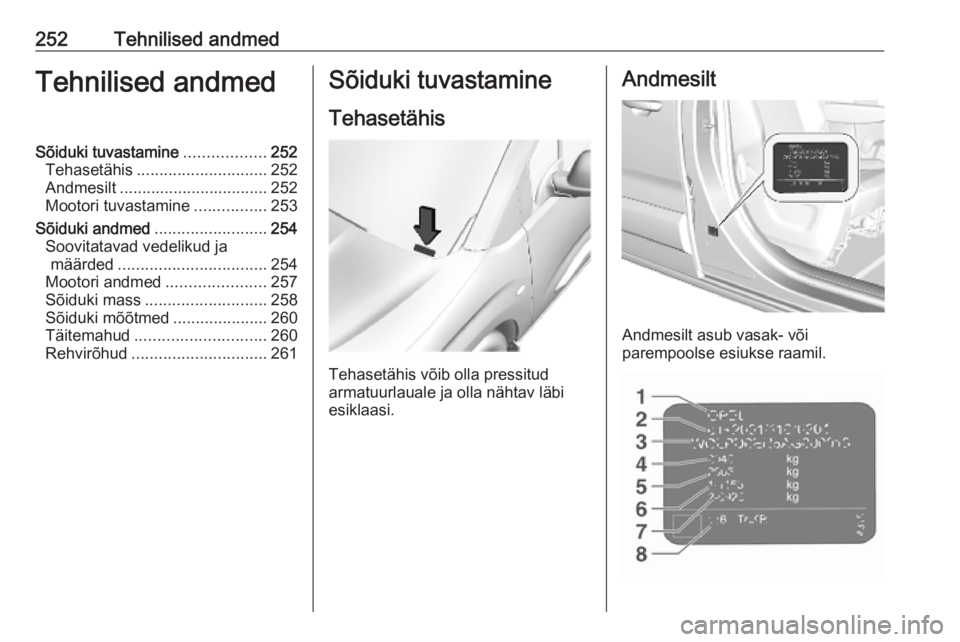 OPEL COMBO E 2019  Omaniku käsiraamat (in Estonian) 252Tehnilised andmedTehnilised andmedSõiduki tuvastamine..................252
Tehasetähis ............................. 252
Andmesilt ................................. 252
Mootori tuvastamine ......