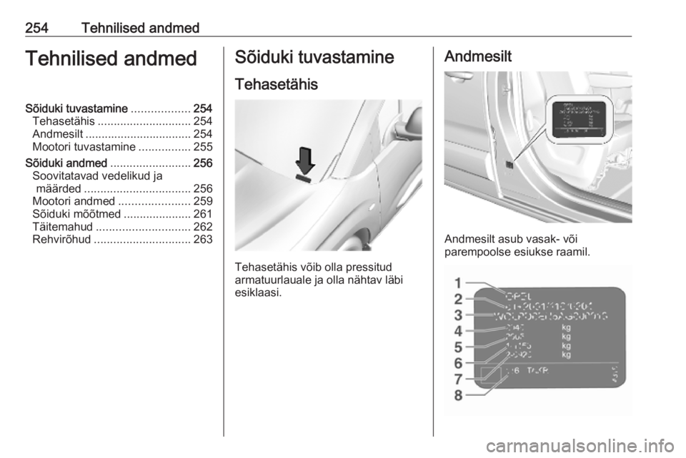 OPEL COMBO E 2019.1  Omaniku käsiraamat (in Estonian) 254Tehnilised andmedTehnilised andmedSõiduki tuvastamine..................254
Tehasetähis ............................. 254
Andmesilt ................................. 254
Mootori tuvastamine ......