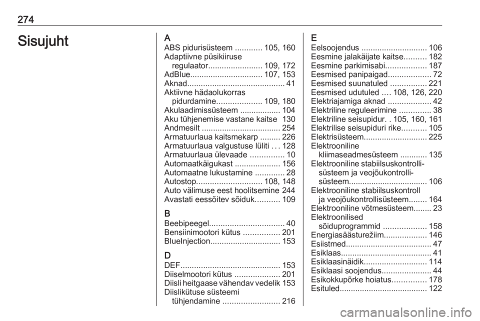 OPEL COMBO E 2019.1  Omaniku käsiraamat (in Estonian) 274SisujuhtAABS pidurisüsteem  ............105, 160
Adaptiivne püsikiiruse regulaator ........................ 109, 172
AdBlue ................................ 107, 153
Aknad .......................