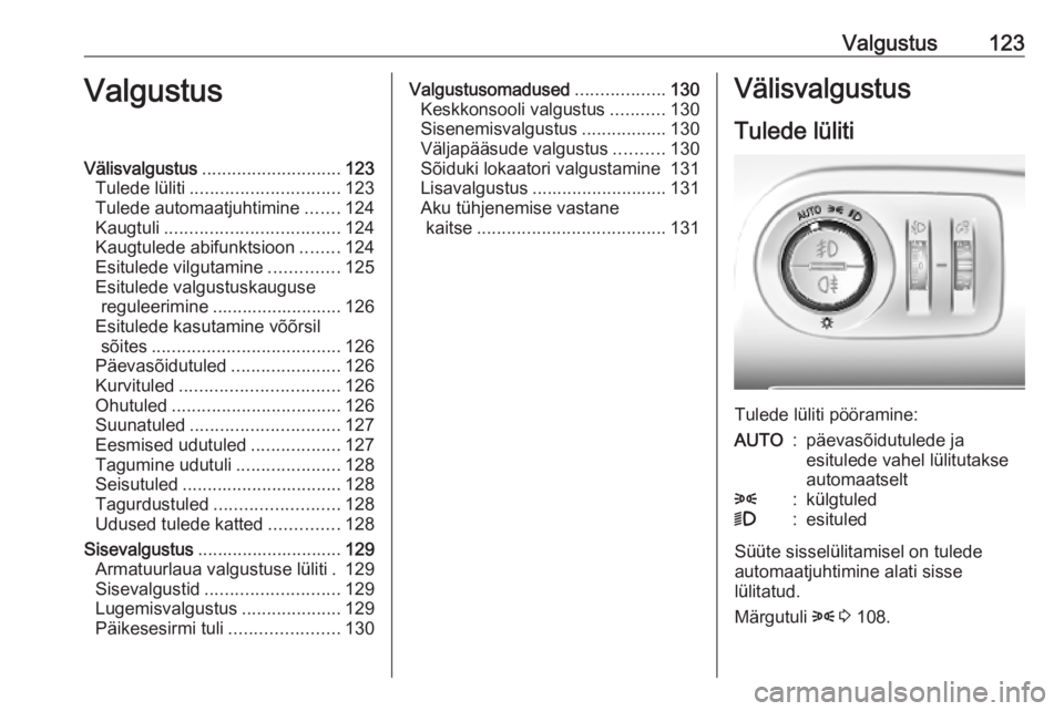 OPEL COMBO E 2019.75 Omaniku käsiraamat (in Estonian) Valgustus123ValgustusVälisvalgustus............................ 123
Tulede lüliti .............................. 123
Tulede automaatjuhtimine .......124
Kaugtuli ................................... OPEL COMBO E 2019.75 Omaniku käsiraamat (in Estonian) Valgustus123ValgustusVälisvalgustus............................ 123
Tulede lüliti .............................. 123
Tulede automaatjuhtimine .......124
Kaugtuli ...................................