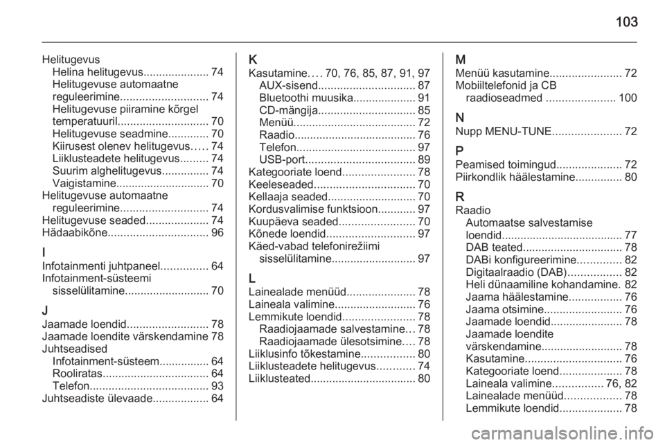 OPEL KARL 2016.5  Infotainment-süsteemi juhend (in Estonian) 103
HelitugevusHelina helitugevus .....................74
Helitugevuse automaatne
reguleerimine ............................ 74
Helitugevuse piiramine kõrgel
temperatuuril ...........................
