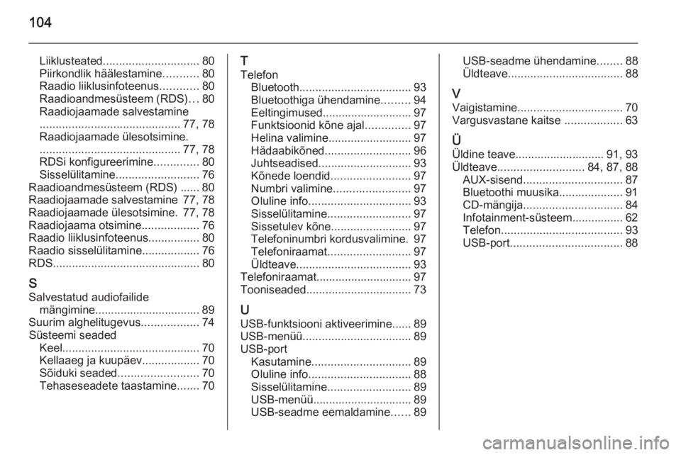 OPEL KARL 2016.5  Infotainment-süsteemi juhend (in Estonian) 104
Liiklusteated.............................. 80
Piirkondlik häälestamine ...........80
Raadio liiklusinfoteenus ............80
Raadioandmesüsteem (RDS) ...80
Raadiojaamade salvestamine
.........