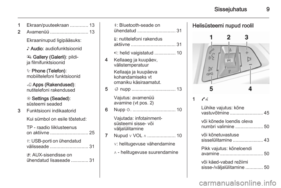 OPEL KARL 2016.5  Infotainment-süsteemi juhend (in Estonian) Sissejuhatus9
1Ekraan/puuteekraan .............13
2 Avamenüü ............................. 13
Ekraaninupud ligipääsuks:
♪  Audio : audiofunktsioonid
P  Gallery (Galerii) : pildi-
ja filmifunktsi