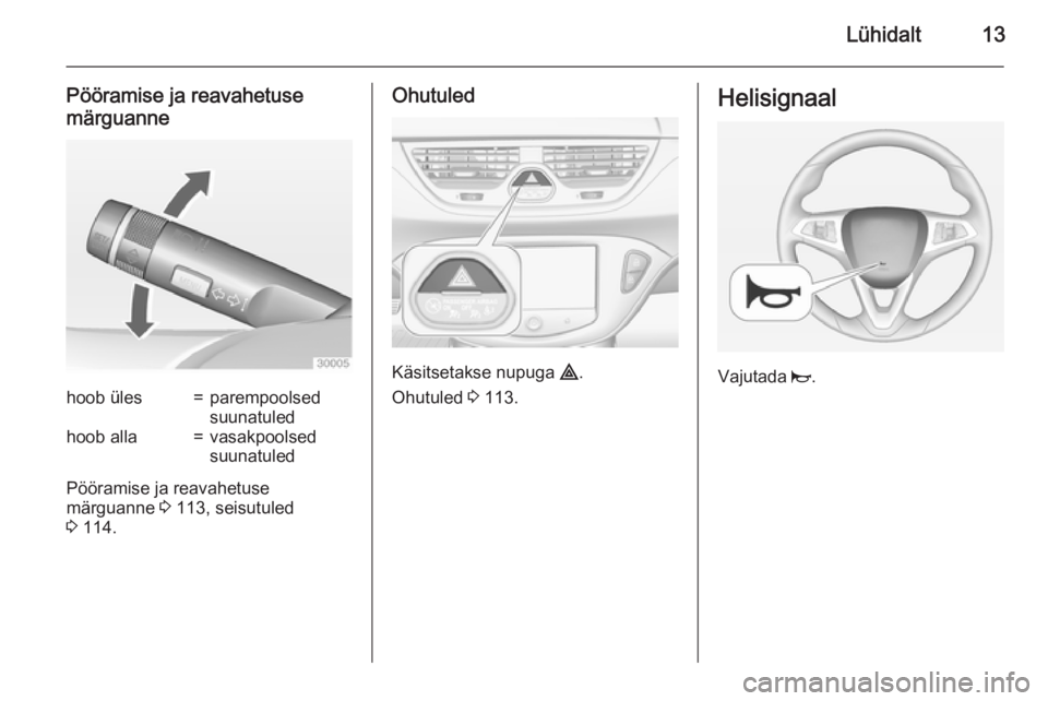 OPEL CORSA 2015 Omaniku käsiraamat (in Estonian) Lühidalt13
Pööramise ja reavahetuse
märguannehoob üles=parempoolsed
suunatuledhoob alla=vasakpoolsed
suunatuled
Pööramise ja reavahetuse
märguanne 3 113, seisutuled
3 114.
Ohutuled
Käsitset OPEL CORSA 2015 Omaniku käsiraamat (in Estonian) Lühidalt13
Pööramise ja reavahetuse
märguannehoob üles=parempoolsed
suunatuledhoob alla=vasakpoolsed
suunatuled
Pööramise ja reavahetuse
märguanne 3 113, seisutuled
3 114.
Ohutuled
Käsitset