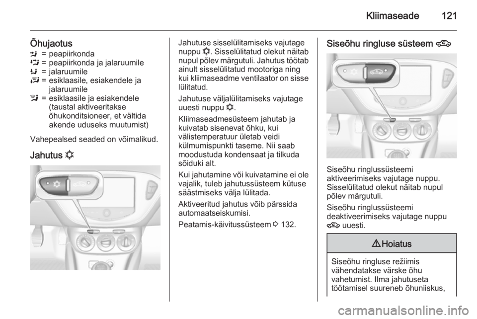 OPEL CORSA 2015.5  Omaniku käsiraamat (in Estonian) Kliimaseade121
ÕhujaotusM=peapiirkondaL=peapiirkonda ja jalaruumileK=jalaruumileJ=esiklaasile, esiakendele ja
jalaruumilel=esiklaasile ja esiakendele
(taustal aktiveeritakse
õhukonditsioneer, et vä