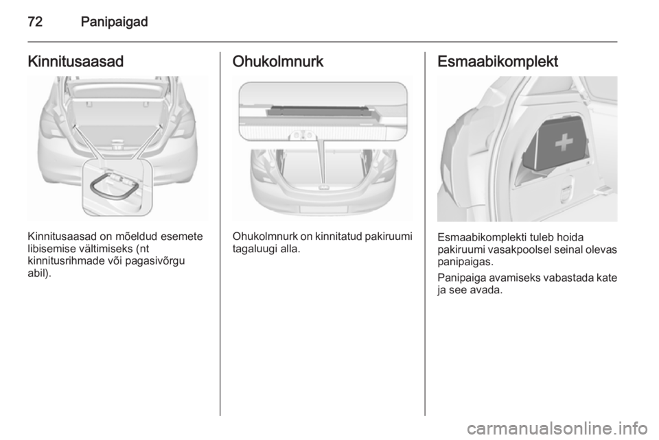 OPEL CORSA 2015.5  Omaniku käsiraamat (in Estonian) 72PanipaigadKinnitusaasad
Kinnitusaasad on mõeldud esemete
libisemise vältimiseks (nt
kinnitusrihmade või pagasivõrgu
abil).
Ohukolmnurk
Ohukolmnurk on kinnitatud pakiruumi
tagaluugi alla.
Esmaabi