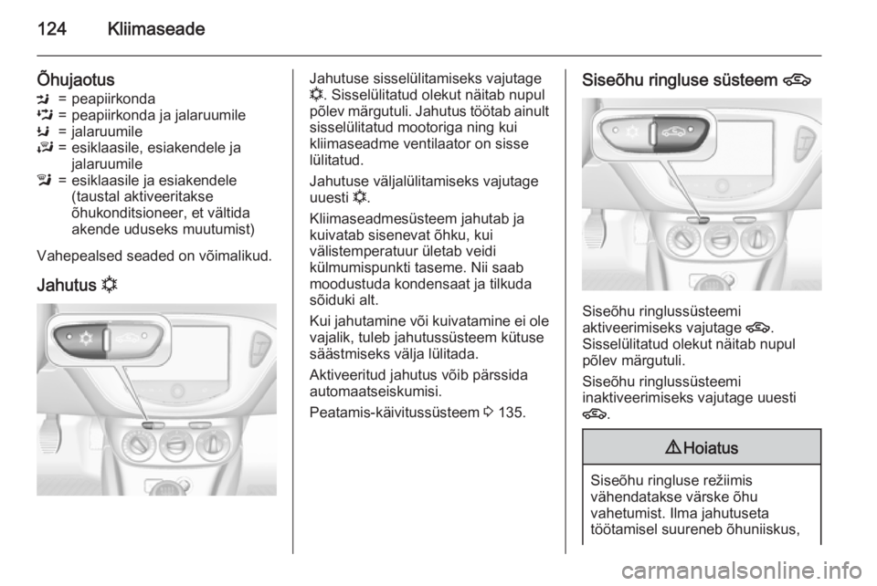 OPEL CORSA 2015.75 Omaniku käsiraamat (in Estonian) 124Kliimaseade
ÕhujaotusM=peapiirkondaL=peapiirkonda ja jalaruumileK=jalaruumileJ=esiklaasile, esiakendele ja
jalaruumilel=esiklaasile ja esiakendele
(taustal aktiveeritakse
õhukonditsioneer, et vä OPEL CORSA 2015.75 Omaniku käsiraamat (in Estonian) 124Kliimaseade
ÕhujaotusM=peapiirkondaL=peapiirkonda ja jalaruumileK=jalaruumileJ=esiklaasile, esiakendele ja
jalaruumilel=esiklaasile ja esiakendele
(taustal aktiveeritakse
õhukonditsioneer, et vä