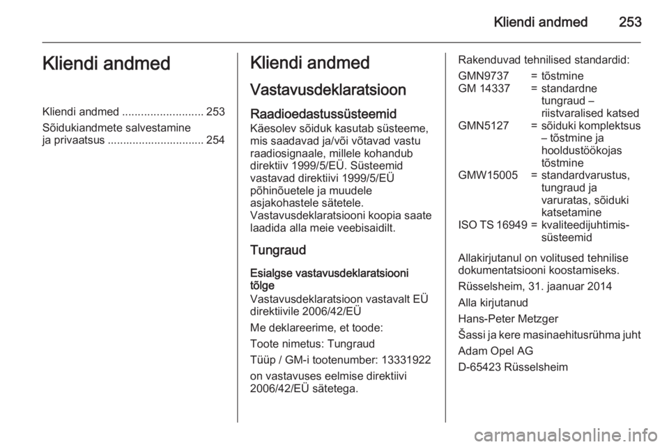 OPEL CORSA 2015.75 Omaniku käsiraamat (in Estonian) Kliendi andmed253Kliendi andmedKliendi andmed.......................... 253
Sõidukiandmete salvestamine
ja privaatsus ............................... 254Kliendi andmed
Vastavusdeklaratsioon Raadioeda OPEL CORSA 2015.75 Omaniku käsiraamat (in Estonian) Kliendi andmed253Kliendi andmedKliendi andmed.......................... 253
Sõidukiandmete salvestamine
ja privaatsus ............................... 254Kliendi andmed
Vastavusdeklaratsioon Raadioeda