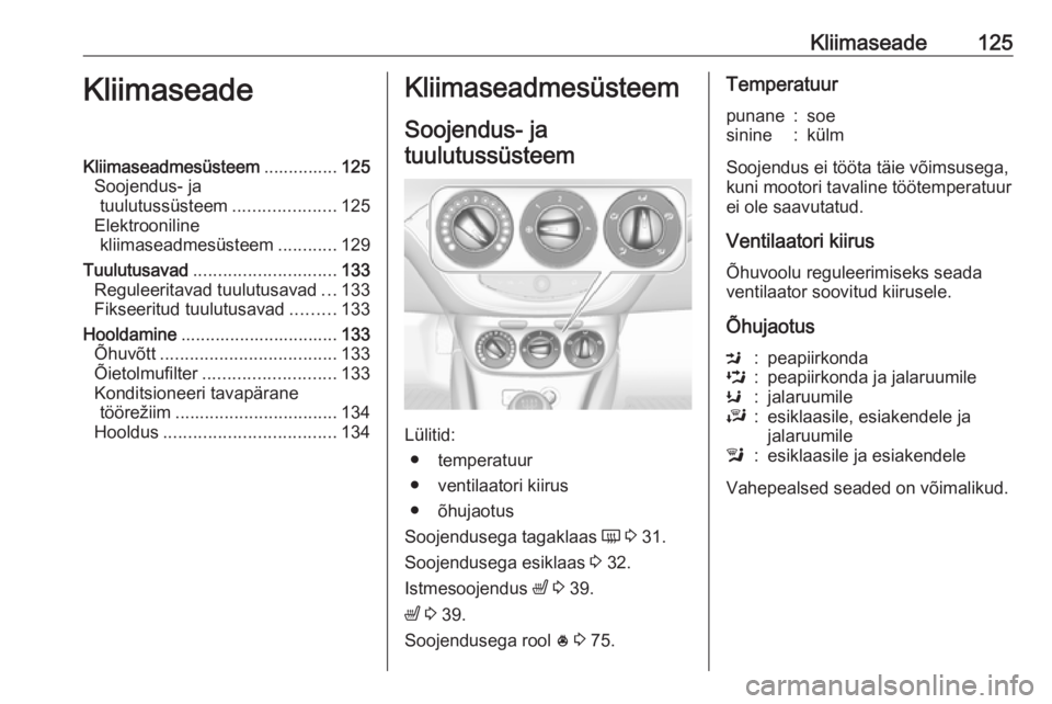 OPEL CORSA 2016 Omaniku käsiraamat (in Estonian) Kliimaseade125KliimaseadeKliimaseadmesüsteem...............125
Soojendus- ja tuulutussüsteem .....................125
Elektrooniline kliimaseadmesüsteem ............129
Tuulutusavad ............... OPEL CORSA 2016 Omaniku käsiraamat (in Estonian) Kliimaseade125KliimaseadeKliimaseadmesüsteem...............125
Soojendus- ja tuulutussüsteem .....................125
Elektrooniline kliimaseadmesüsteem ............129
Tuulutusavad ...............