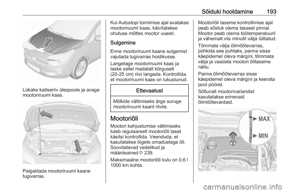 OPEL CORSA 2016  Omaniku käsiraamat (in Estonian) Sõiduki hooldamine193
Lükake kaitseriiv ülespoole ja avage
mootoriruumi kaas.
Paigaldada mootoriruumi kaane
tugivarras.
Kui Autostopi toimimise ajal avatakse mootoriruumi kaas, käivitatakse
ohutus