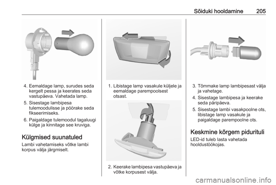 OPEL CORSA 2016  Omaniku käsiraamat (in Estonian) Sõiduki hooldamine205
4. Eemaldage lamp, surudes sedakergelt pessa ja keerates seda
vastupäeva. Vahetada lamp.
5. Sisestage lambipesa tulemoodulisse ja pöörake seda
fikseerimiseks.
6. Paigaldage t