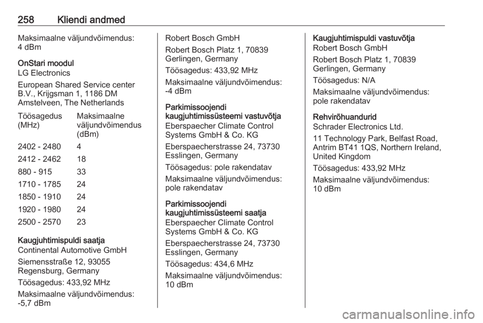OPEL CORSA E 2018.5  Omaniku käsiraamat (in Estonian) 258Kliendi andmedMaksimaalne väljundvõimendus:
4 dBm
OnStari moodul
LG Electronics
European Shared Service center B.V., Krijgsman 1, 1186 DM
Amstelveen, The NetherlandsTöösagedus
(MHz)Maksimaalne
