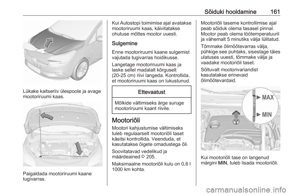 OPEL CORSA E 2019 Omaniku käsiraamat (in Estonian) Sõiduki hooldamine161
Lükake kaitseriiv ülespoole ja avage
mootoriruumi kaas.
Paigaldada mootoriruumi kaane
tugivarras.
Kui Autostopi toimimise ajal avatakse mootoriruumi kaas, käivitatakse
ohutus OPEL CORSA E 2019 Omaniku käsiraamat (in Estonian) Sõiduki hooldamine161
Lükake kaitseriiv ülespoole ja avage
mootoriruumi kaas.
Paigaldada mootoriruumi kaane
tugivarras.
Kui Autostopi toimimise ajal avatakse mootoriruumi kaas, käivitatakse
ohutus