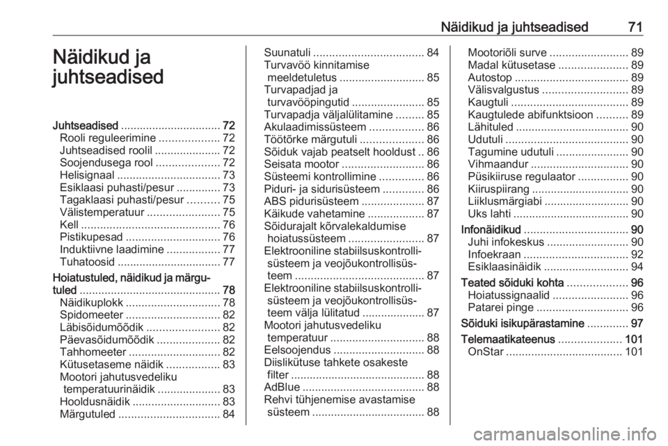OPEL CROSSLAND X 2017.75  Omaniku käsiraamat (in Estonian) Näidikud ja juhtseadised71Näidikud ja
juhtseadisedJuhtseadised ................................ 72
Rooli reguleerimine ...................72
Juhtseadised roolil .....................72
Soojendusega 