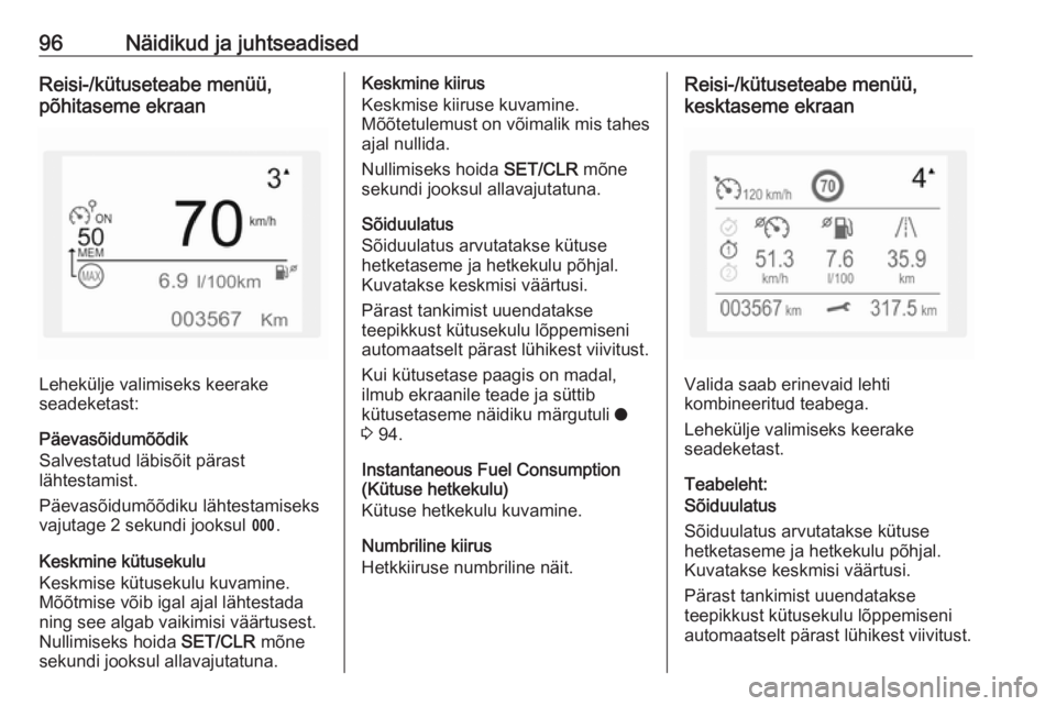 OPEL CROSSLAND X 2018  Omaniku käsiraamat (in Estonian) 96Näidikud ja juhtseadisedReisi-/kütuseteabe menüü,
põhitaseme ekraan
Lehekülje valimiseks keerake
seadeketast:
Päevasõidumõõdik
Salvestatud läbisõit pärast
lähtestamist.
Päevasõidumõ