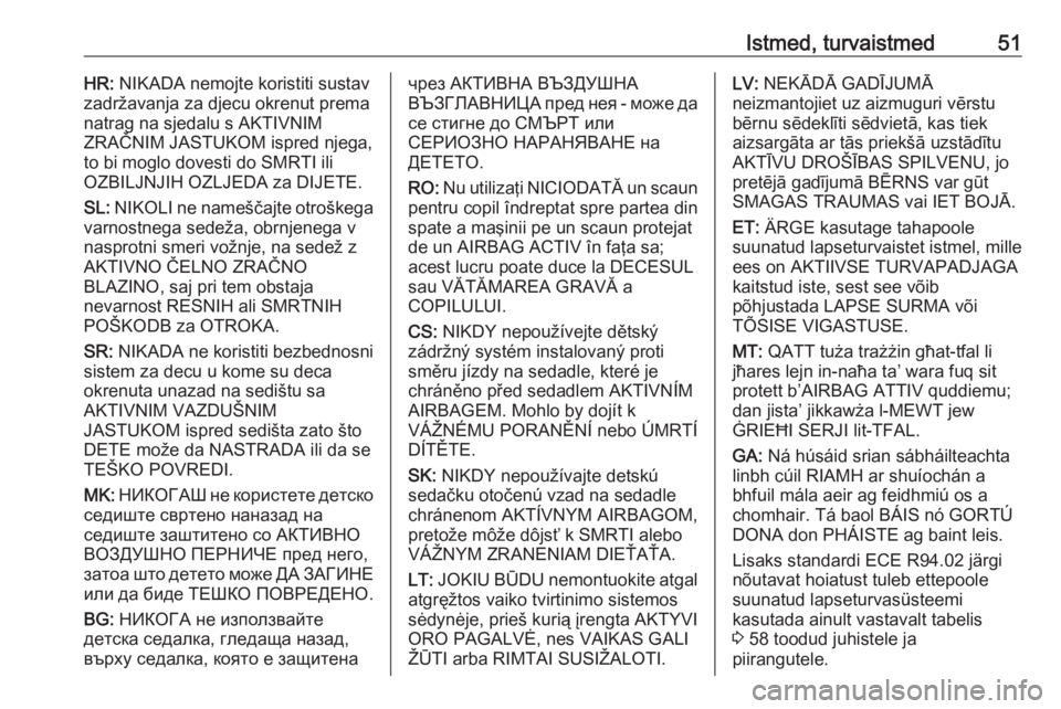 OPEL CROSSLAND X 2019.75  Omaniku käsiraamat (in Estonian) Istmed, turvaistmed51HR: NIKADA nemojte koristiti sustav
zadržavanja za djecu okrenut prema
natrag na sjedalu s AKTIVNIM
ZRAČNIM JASTUKOM ispred njega,
to bi moglo dovesti do SMRTI ili
OZBILJNJIH OZ