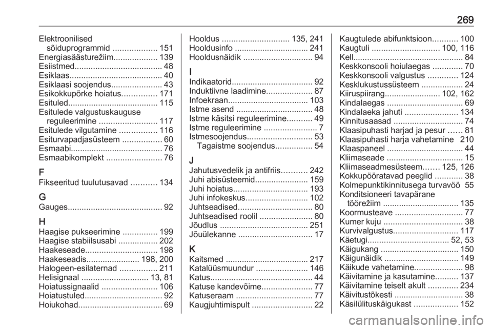 OPEL GRANDLAND X 2018.5  Omaniku käsiraamat (in Estonian) 269Elektroonilisedsõiduprogrammid  ...................151
Energiasäästurežiim ...................139
Esiistmed ...................................... 48
Esiklaas ..................................