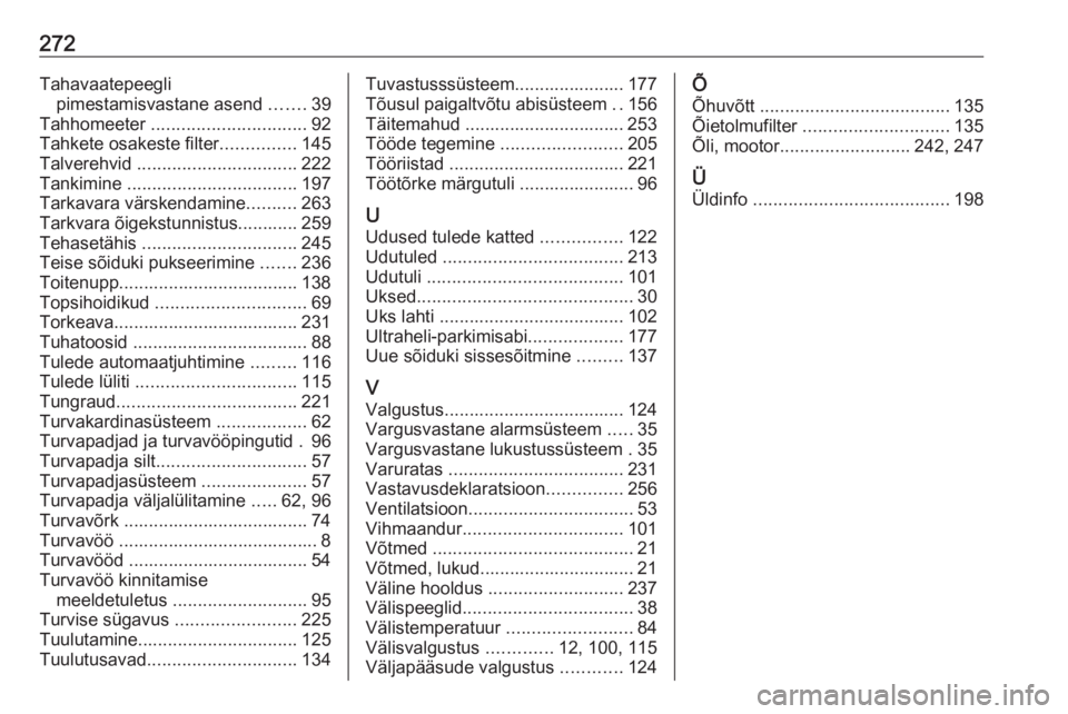 OPEL GRANDLAND X 2018.5  Omaniku käsiraamat (in Estonian) 272Tahavaatepeeglipimestamisvastane asend  .......39
Tahhomeeter  ............................... 92
Tahkete osakeste filter ...............145
Talverehvid  ................................ 222
Tankim