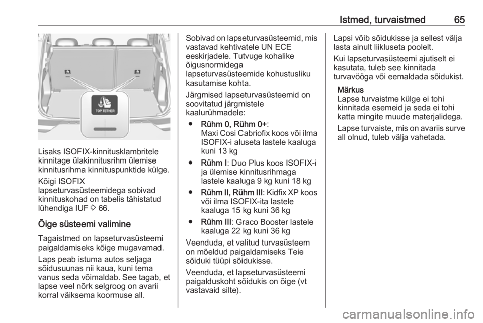 OPEL GRANDLAND X 2018.5  Omaniku käsiraamat (in Estonian) Istmed, turvaistmed65
Lisaks ISOFIX-kinnitusklambritele
kinnitage ülakinnitusrihm ülemise
kinnitusrihma kinnituspunktide külge.
Kõigi ISOFIX
lapseturvasüsteemidega sobivad
kinnituskohad on tabeli