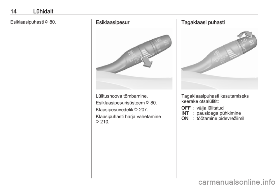 OPEL GRANDLAND X 2019  Omaniku käsiraamat (in Estonian) 14LühidaltEsiklaasipuhasti 3 80.Esiklaasipesur
Lülitushoova tõmbamine.
Esiklaasipesurisüsteem  3 80.
Klaasipesuvedelik  3 207.
Klaasipuhasti harja vahetamine
3  210.
Tagaklaasi puhasti
Tagaklaasip