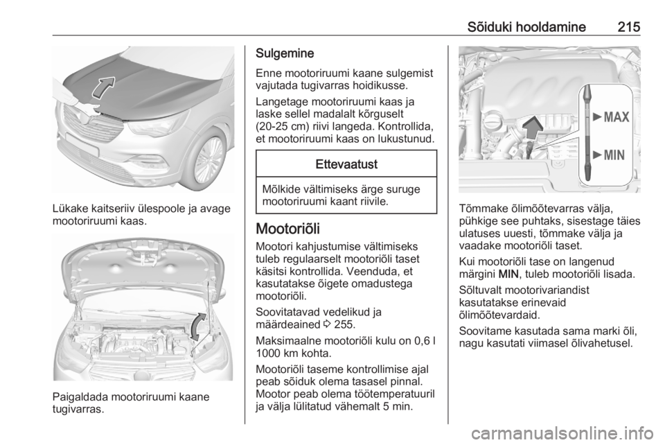 OPEL GRANDLAND X 2020 Omaniku käsiraamat (in Estonian) Sõiduki hooldamine215
Lükake kaitseriiv ülespoole ja avage
mootoriruumi kaas.
Paigaldada mootoriruumi kaane
tugivarras.
Sulgemine
Enne mootoriruumi kaane sulgemist
vajutada tugivarras hoidikusse.
L OPEL GRANDLAND X 2020 Omaniku käsiraamat (in Estonian) Sõiduki hooldamine215
Lükake kaitseriiv ülespoole ja avage
mootoriruumi kaas.
Paigaldada mootoriruumi kaane
tugivarras.
Sulgemine
Enne mootoriruumi kaane sulgemist
vajutada tugivarras hoidikusse.
L
