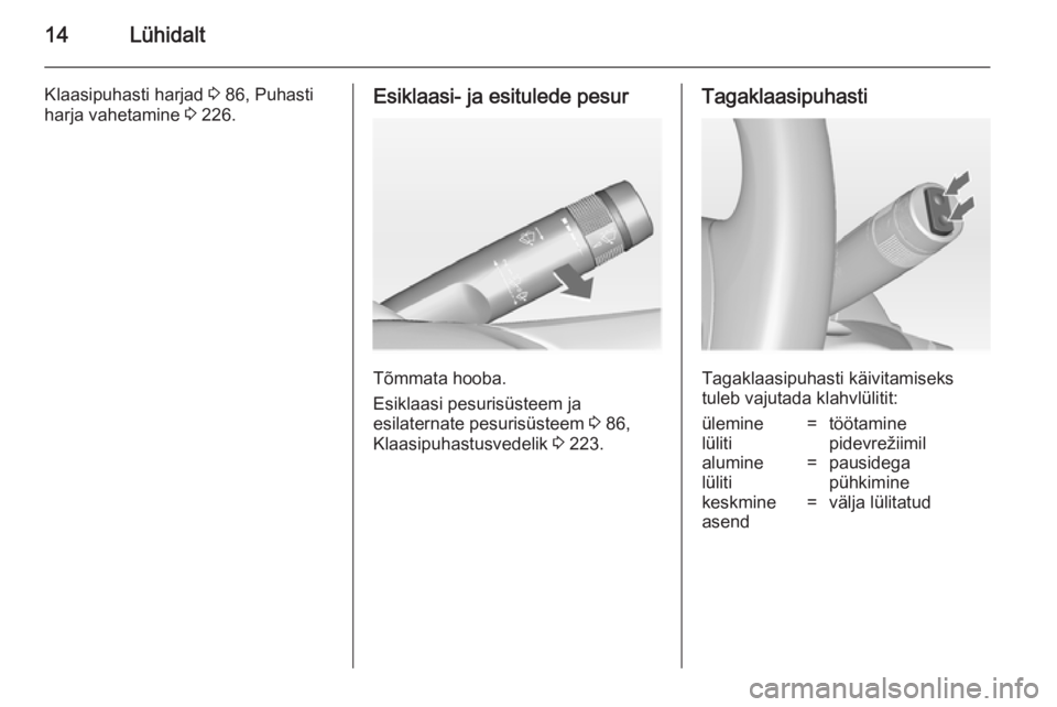 OPEL INSIGNIA 2014  Omaniku käsiraamat (in Estonian) 14Lühidalt
Klaasipuhasti harjad 3 86, Puhasti
harja vahetamine  3 226.Esiklaasi- ja esitulede pesur
Tõmmata hooba.
Esiklaasi pesurisüsteem ja
esilaternate pesurisüsteem  3 86,
Klaasipuhastusvedeli