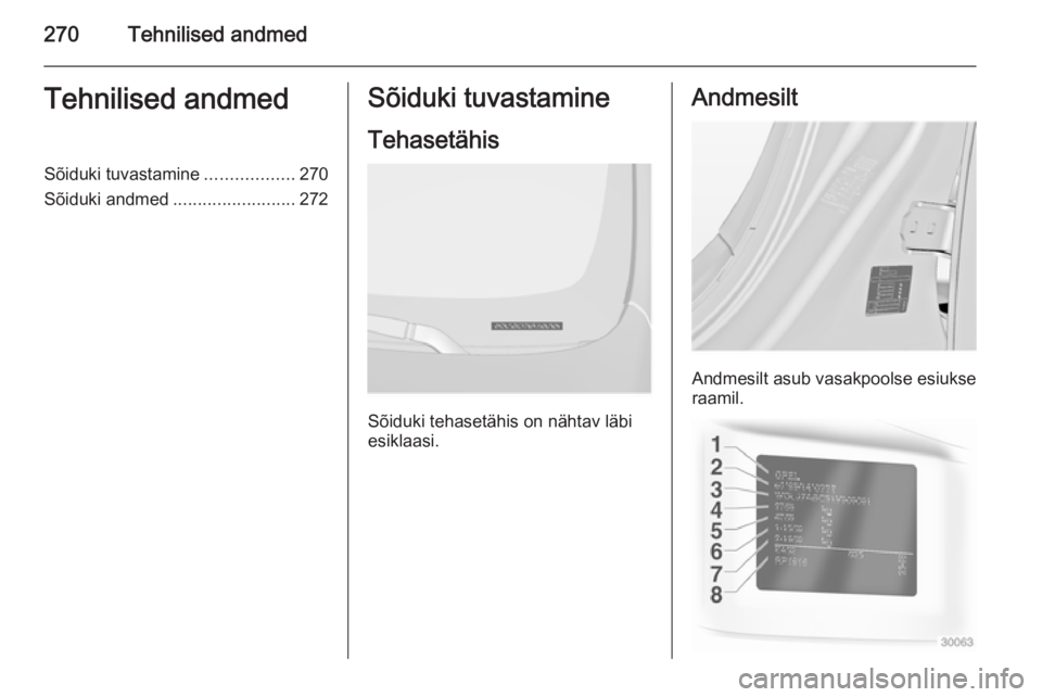 OPEL INSIGNIA 2014 Omaniku käsiraamat (in Estonian) 270Tehnilised andmedTehnilised andmedSõiduki tuvastamine..................270
Sõiduki andmed .........................272Sõiduki tuvastamine
Tehasetähis
Sõiduki tehasetähis on nähtav läbi
esik OPEL INSIGNIA 2014 Omaniku käsiraamat (in Estonian) 270Tehnilised andmedTehnilised andmedSõiduki tuvastamine..................270
Sõiduki andmed .........................272Sõiduki tuvastamine
Tehasetähis
Sõiduki tehasetähis on nähtav läbi
esik