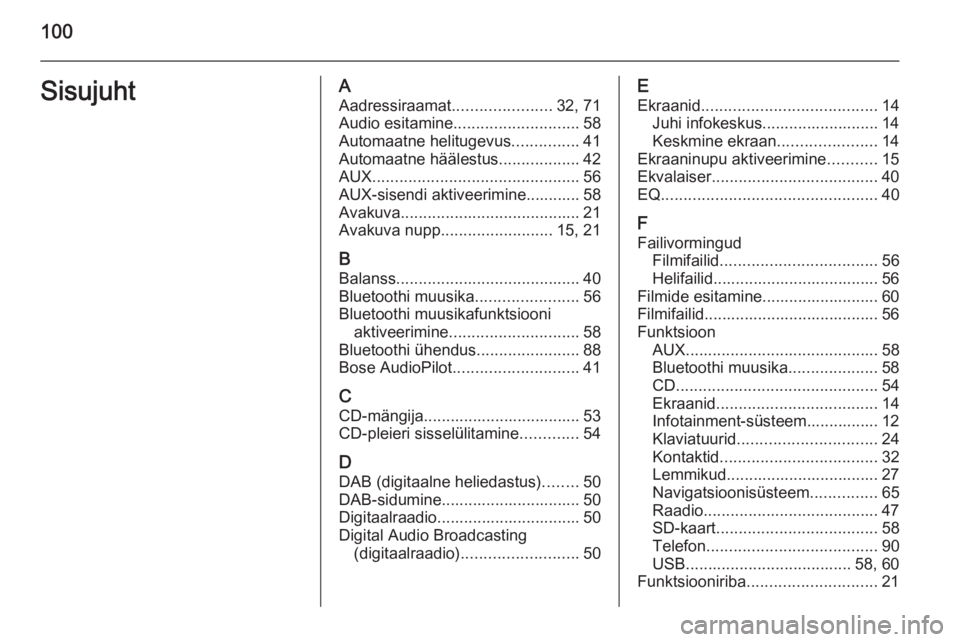 OPEL INSIGNIA 2014.5  Infotainment-süsteemi juhend (in Estonian) 100SisujuhtAAadressiraamat ......................32, 71
Audio esitamine ............................ 58
Automaatne helitugevus ...............41
Automaatne häälestus ..................42
AUX .......