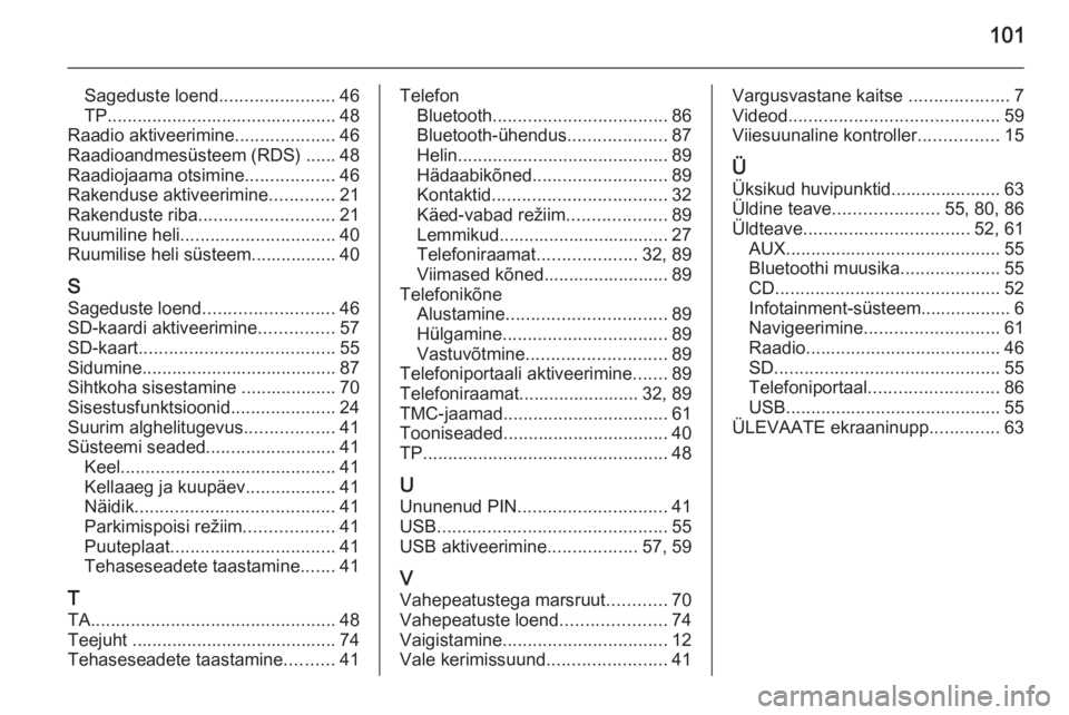 OPEL INSIGNIA 2015  Infotainment-süsteemi juhend (in Estonian) 101
Sageduste loend.......................46
TP.............................................. 48
Raadio aktiveerimine ....................46
Raadioandmesüsteem (RDS) ...... 48
Raadiojaama otsimine ..