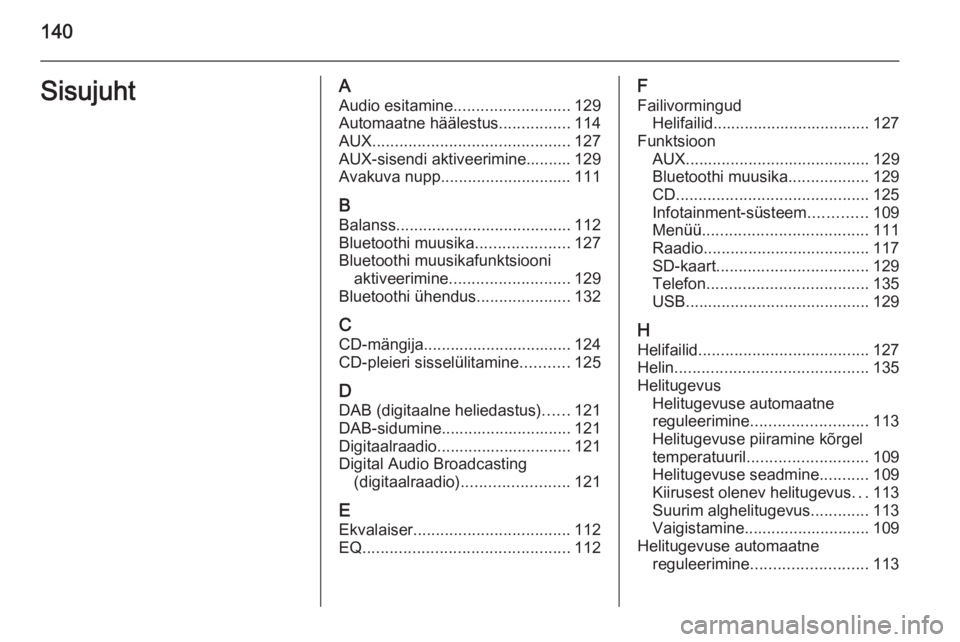 OPEL INSIGNIA 2015  Infotainment-süsteemi juhend (in Estonian) 140SisujuhtAAudio esitamine .......................... 129
Automaatne häälestus ................114
AUX ............................................ 127
AUX-sisendi aktiveerimine.......... 129
Avaku