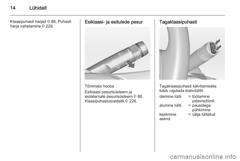 OPEL INSIGNIA 2015  Omaniku käsiraamat (in Estonian) 14Lühidalt
Klaasipuhasti harjad 3 88, Puhasti
harja vahetamine  3 229.Esiklaasi- ja esitulede pesur
Tõmmata hooba.
Esiklaasi pesurisüsteem ja
esilaternate pesurisüsteem  3 88,
Klaasipuhastusvedeli