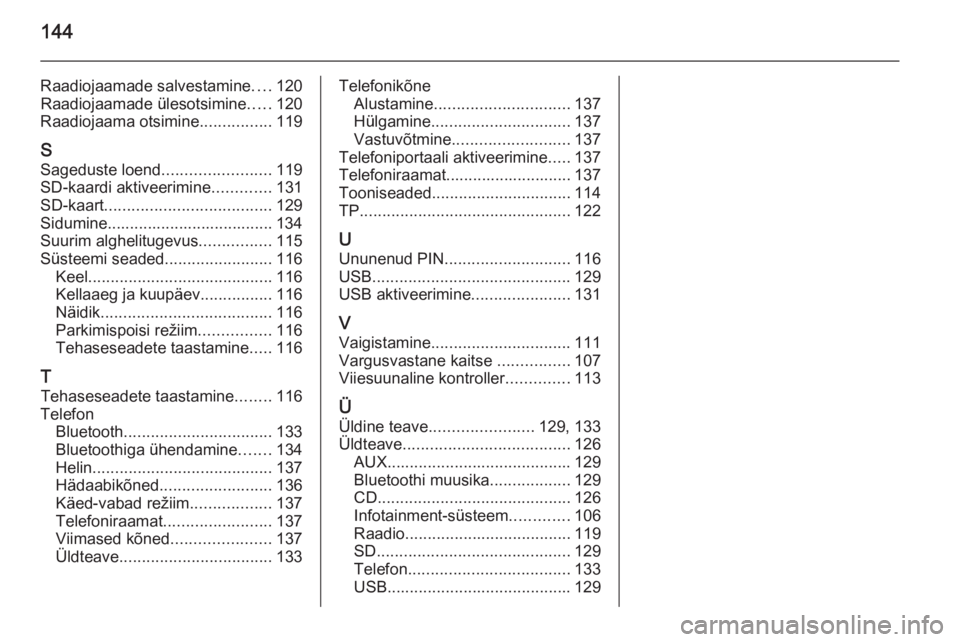 OPEL INSIGNIA 2015.5  Infotainment-süsteemi juhend (in Estonian) 144
Raadiojaamade salvestamine....120
Raadiojaamade ülesotsimine .....120
Raadiojaama otsimine ................119
S Sageduste loend ........................119
SD-kaardi aktiveerimine .............1