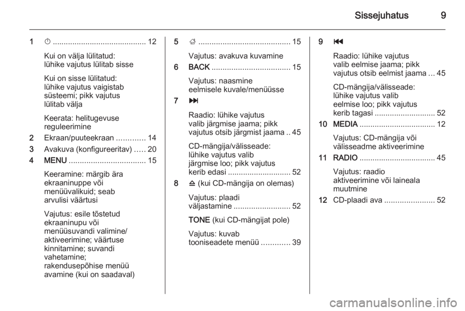 OPEL INSIGNIA 2015.5  Infotainment-süsteemi juhend (in Estonian) Sissejuhatus9
1X........................................... 12
Kui on välja lülitatud:
lühike vajutus lülitab sisse
Kui on sisse lülitatud:
lühike vajutus vaigistab
süsteemi; pikk vajutus
lüli