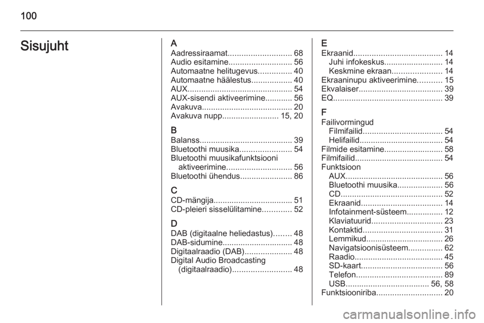 OPEL INSIGNIA 2015.5  Infotainment-süsteemi juhend (in Estonian) 100SisujuhtAAadressiraamat ............................ 68
Audio esitamine ............................ 56
Automaatne helitugevus ...............40
Automaatne häälestus ..................40
AUX ....