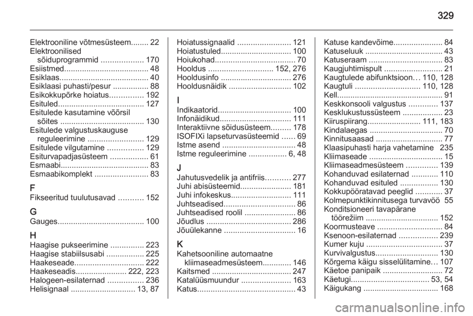 OPEL INSIGNIA 2015.5  Omaniku käsiraamat (in Estonian) 329
Elektrooniline võtmesüsteem........ 22
Elektroonilised sõiduprogrammid  ...................170
Esiistmed ...................................... 48
Esiklaas .....................................