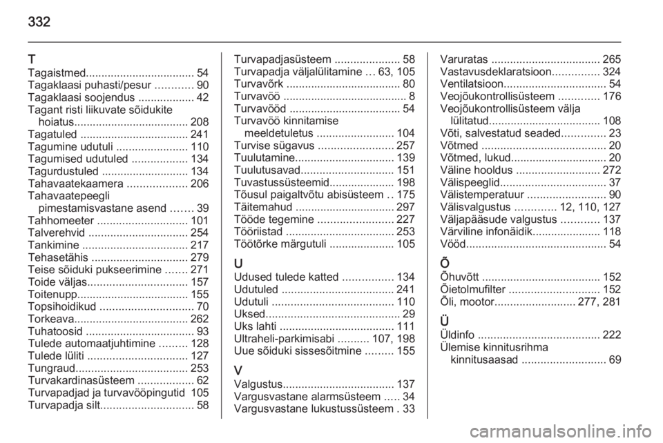 OPEL INSIGNIA 2015.5  Omaniku käsiraamat (in Estonian) 332
T
Tagaistmed ................................... 54
Tagaklaasi puhasti/pesur  ............90
Tagaklaasi soojendus  ..................42
Tagant risti liikuvate sõidukite hoiatus...................
