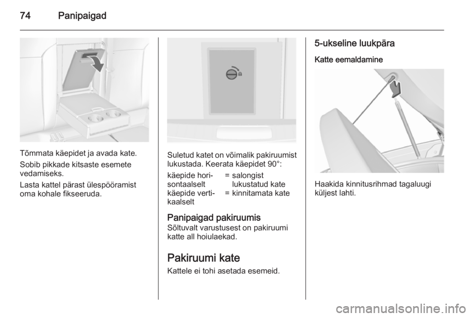 OPEL INSIGNIA 2015.5  Omaniku käsiraamat (in Estonian) 74Panipaigad
Tõmmata käepidet ja avada kate.
Sobib pikkade kitsaste esemete
vedamiseks.
Lasta kattel pärast ülespööramist oma kohale fikseeruda.Suletud katet on võimalik pakiruumist lukustada. 