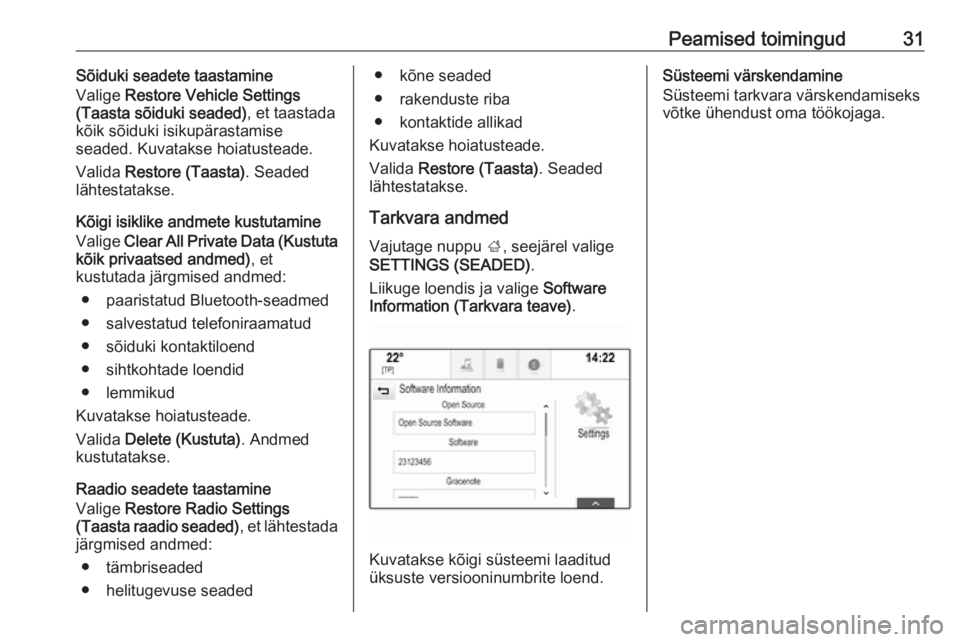 OPEL INSIGNIA 2016  Infotainment-süsteemi juhend (in Estonian) Peamised toimingud31Sõiduki seadete taastamine
Valige  Restore Vehicle Settings
(Taasta sõiduki seaded) , et taastada
kõik sõiduki isikupärastamise
seaded. Kuvatakse hoiatusteade.
Valida  Restore