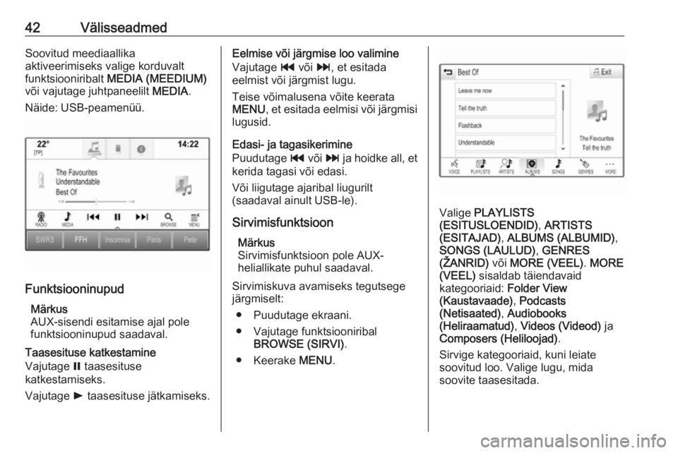 OPEL INSIGNIA 2016  Infotainment-süsteemi juhend (in Estonian) 42VälisseadmedSoovitud meediaallika
aktiveerimiseks valige korduvalt
funktsiooniribalt  MEDIA (MEEDIUM)
või vajutage juhtpaneelilt  MEDIA.
Näide: USB-peamenüü.
Funktsiooninupud
Märkus
AUX-sisend