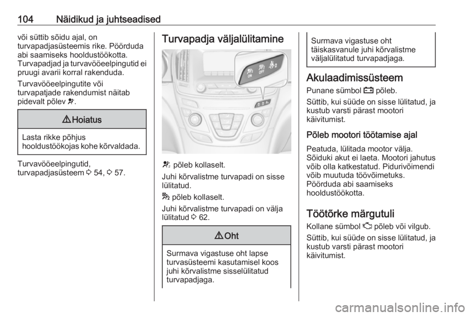 OPEL INSIGNIA 2016 Omaniku käsiraamat (in Estonian) 104Näidikud ja juhtseadisedvõi süttib sõidu ajal, on
turvapadjasüsteemis rike. Pöörduda abi saamiseks hooldustöökotta.
Turvapadjad ja turvavööeelpingutid ei
pruugi avarii korral rakenduda.
OPEL INSIGNIA 2016 Omaniku käsiraamat (in Estonian) 104Näidikud ja juhtseadisedvõi süttib sõidu ajal, on
turvapadjasüsteemis rike. Pöörduda abi saamiseks hooldustöökotta.
Turvapadjad ja turvavööeelpingutid ei
pruugi avarii korral rakenduda.