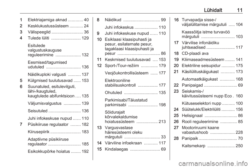 OPEL INSIGNIA 2016 Omaniku käsiraamat (in Estonian) Lühidalt111Elektriajamiga aknad ............40
2 Kesklukustussüsteem ...........24
3 Välispeeglid ........................... 36
4 Tulede lüliti ......................... 129
Esitulede
valgustusk OPEL INSIGNIA 2016 Omaniku käsiraamat (in Estonian) Lühidalt111Elektriajamiga aknad ............40
2 Kesklukustussüsteem ...........24
3 Välispeeglid ........................... 36
4 Tulede lüliti ......................... 129
Esitulede
valgustusk