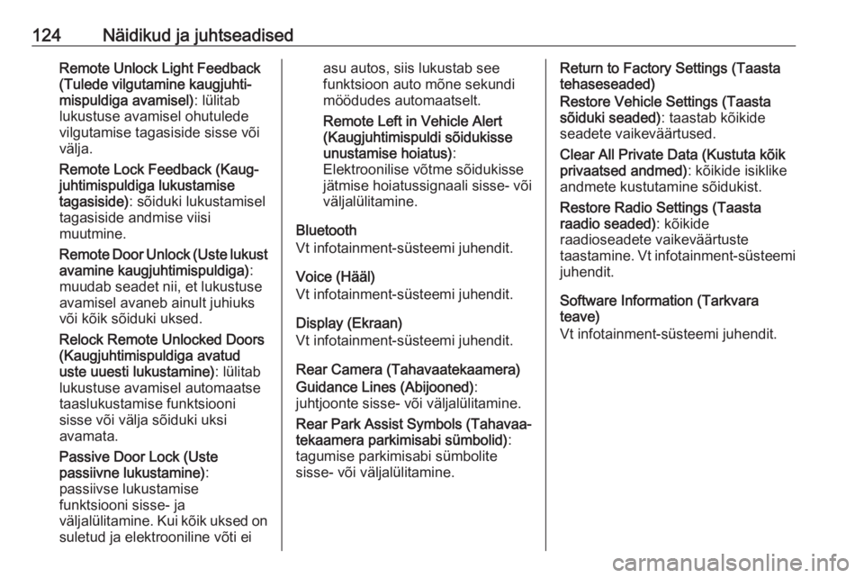 OPEL INSIGNIA 2016  Omaniku käsiraamat (in Estonian) 124Näidikud ja juhtseadisedRemote Unlock Light Feedback
(Tulede vilgutamine kaugjuhti‐
mispuldiga avamisel) : lülitab
lukustuse avamisel ohutulede
vilgutamise tagasiside sisse või
välja.
Remote 