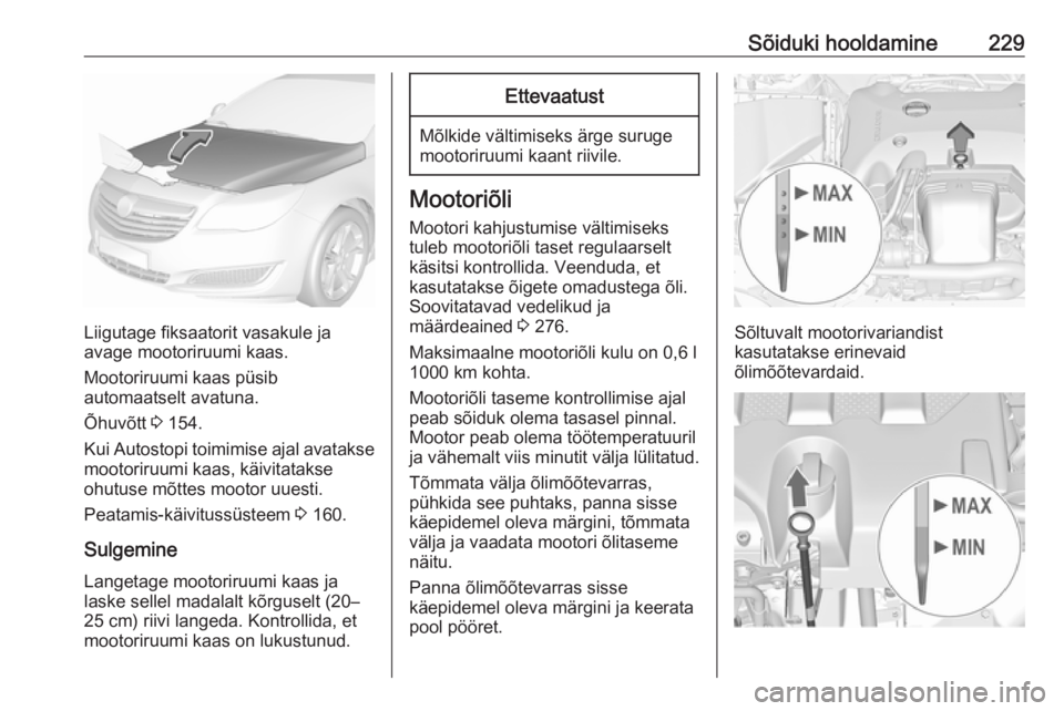 OPEL INSIGNIA 2016 Omaniku käsiraamat (in Estonian) Sõiduki hooldamine229
Liigutage fiksaatorit vasakule ja
avage mootoriruumi kaas.
Mootoriruumi kaas püsib
automaatselt avatuna.
Õhuvõtt 3 154.
Kui Autostopi toimimise ajal avatakse mootoriruumi ka OPEL INSIGNIA 2016 Omaniku käsiraamat (in Estonian) Sõiduki hooldamine229
Liigutage fiksaatorit vasakule ja
avage mootoriruumi kaas.
Mootoriruumi kaas püsib
automaatselt avatuna.
Õhuvõtt 3 154.
Kui Autostopi toimimise ajal avatakse mootoriruumi ka