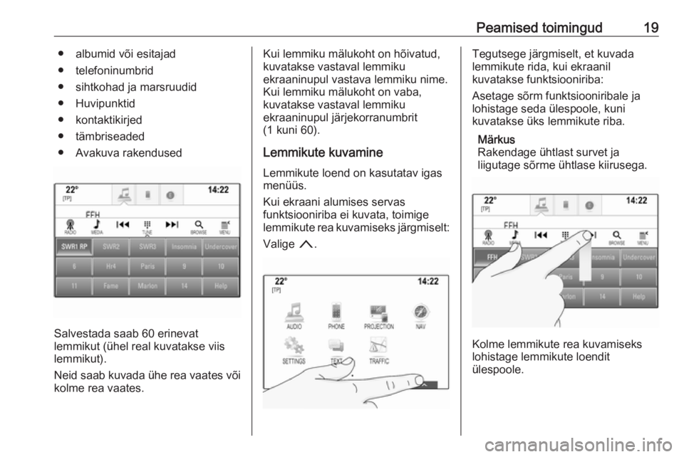 OPEL INSIGNIA 2016.5  Infotainment-süsteemi juhend (in Estonian) Peamised toimingud19● albumid või esitajad
● telefoninumbrid
● sihtkohad ja marsruudid
● Huvipunktid
● kontaktikirjed
● tämbriseaded
● Avakuva rakendused
Salvestada saab 60 erinevat
le